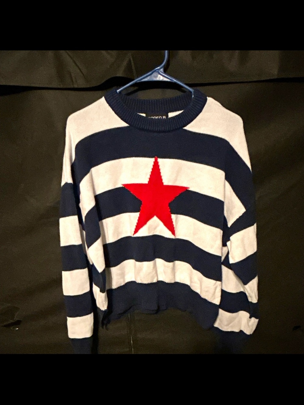 Arden B Navy & White Striped Crewneck with Red Star Motif